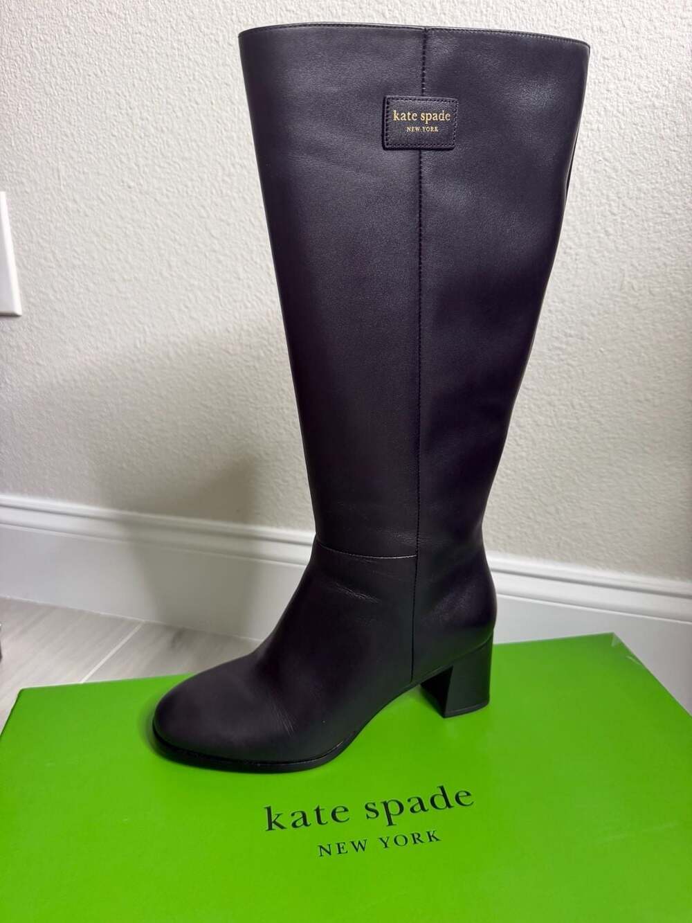 Kate Spade New York Aimee Tall Boots Black Smooth Leather Size 7B Retail $348